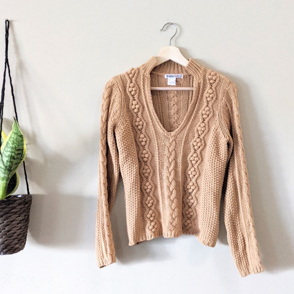 Vintage Caramel Cable Knit V-Neck Sweater